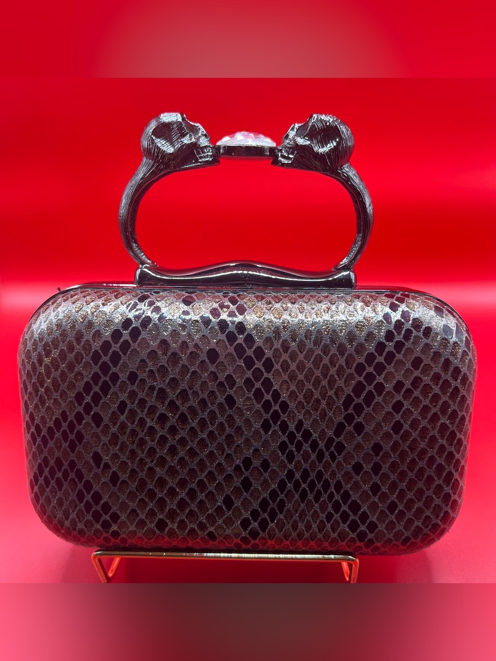 INS Skull Snakeskin Box Clutch with Detachable Chain - Goth
